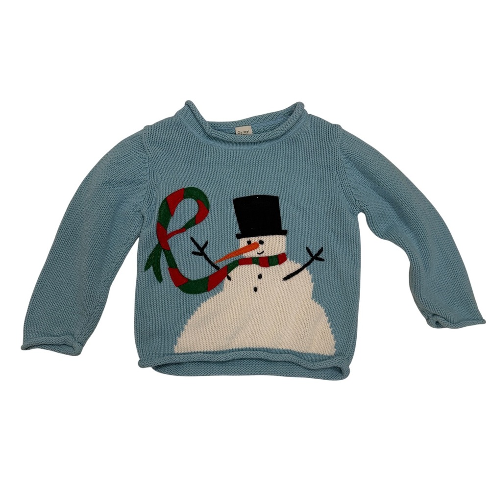 Garnet Hill Snowman Sweater Toddler TL Blue Excellent Cotton Knit Holiday 14925